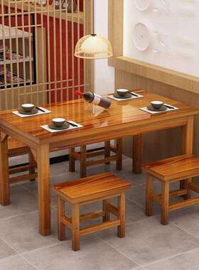 实木商用饭店餐桌椅组合快餐小吃店烧烤桌饭桌面馆餐饮碳化木桌丿