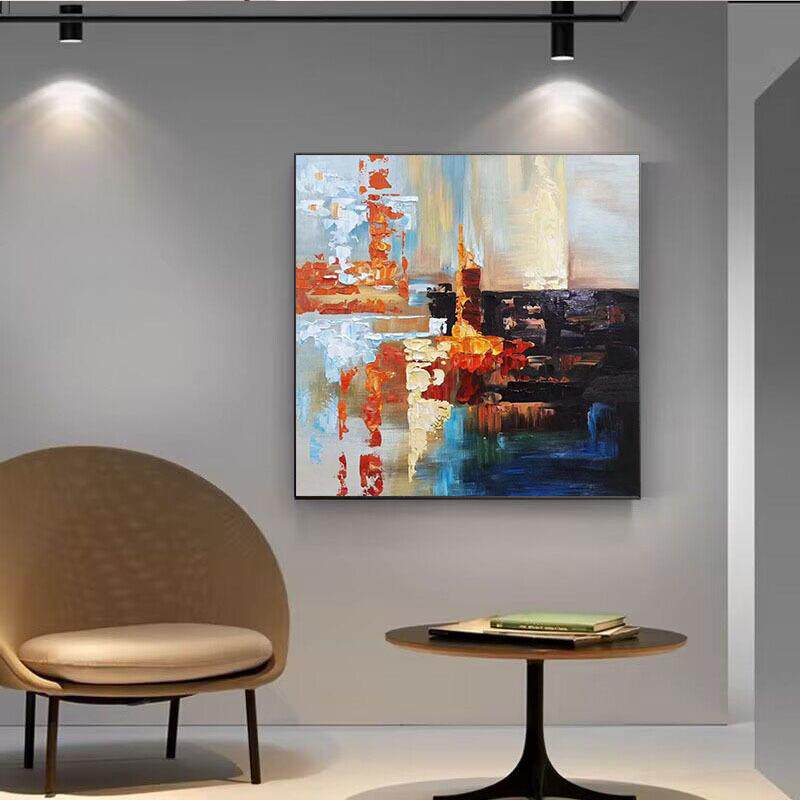 手绘油画正方形餐厅装饰画抽象肌理画现代手工餐桌客厅玄关入户画
