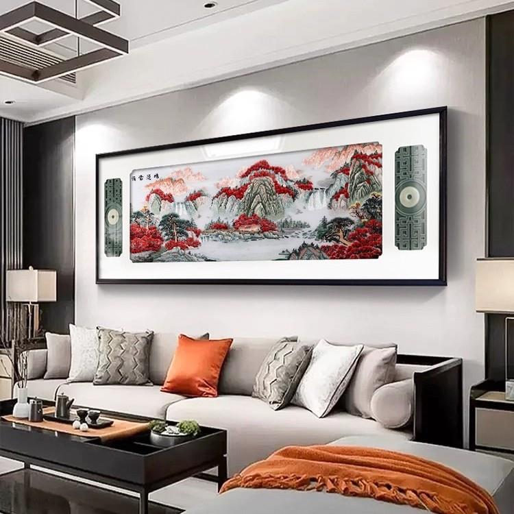 鸿运当头苏绣客厅装饰画高端中式沙发背景墙挂画大幅刺绣山水壁画