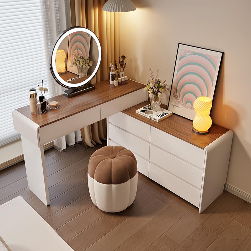 2025年新款化妆台实木奶油风卧室轻奢化妆桌现代简约收纳斗柜一体
