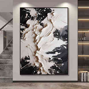 黑白客厅挂画抽象肌理玄关画艺术装饰画高级感手绘油画沙发背景墙