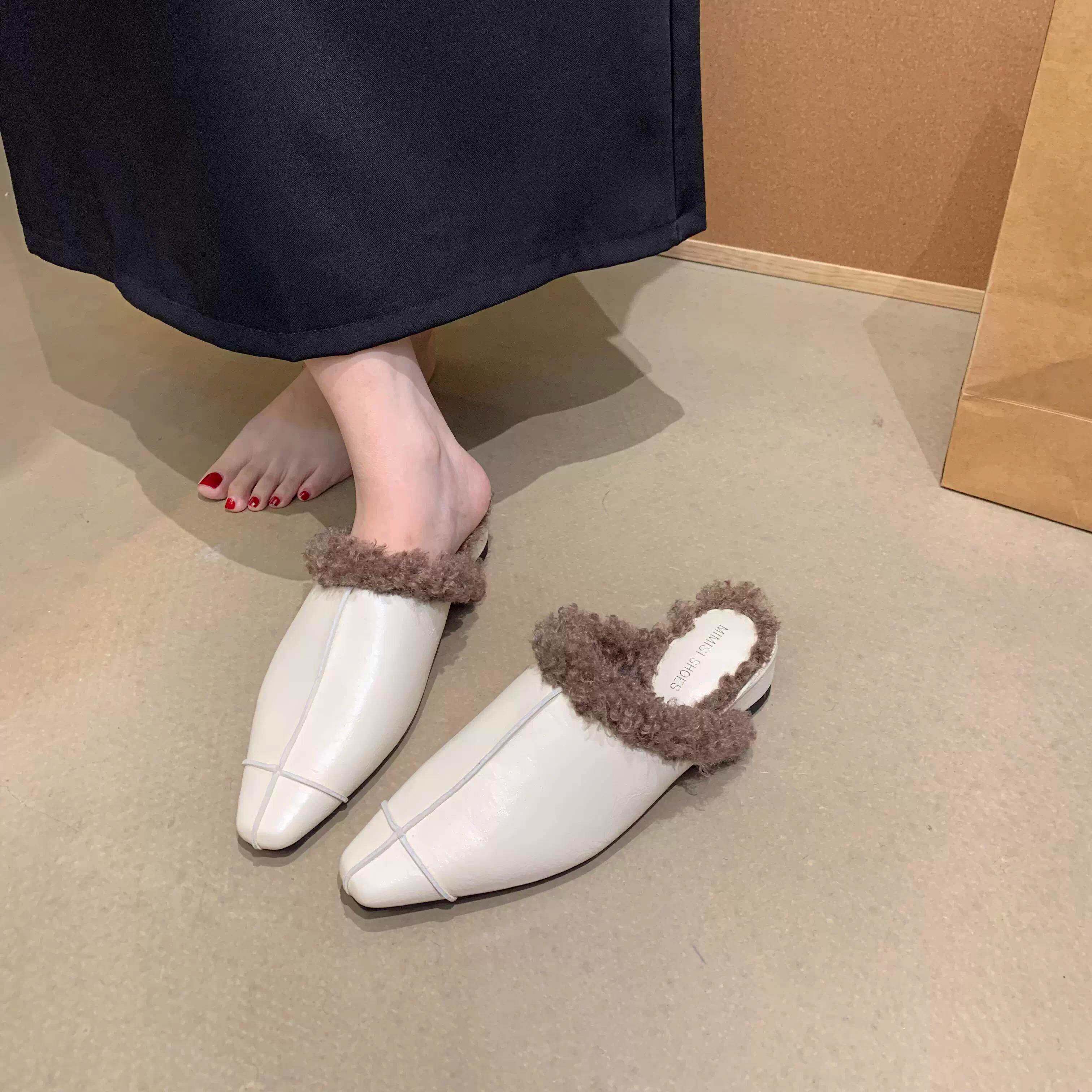 潮牌秋冬新款复古方头毛毛半拖鞋女外穿内增高一脚蹬懒人鞋棉拖鞋