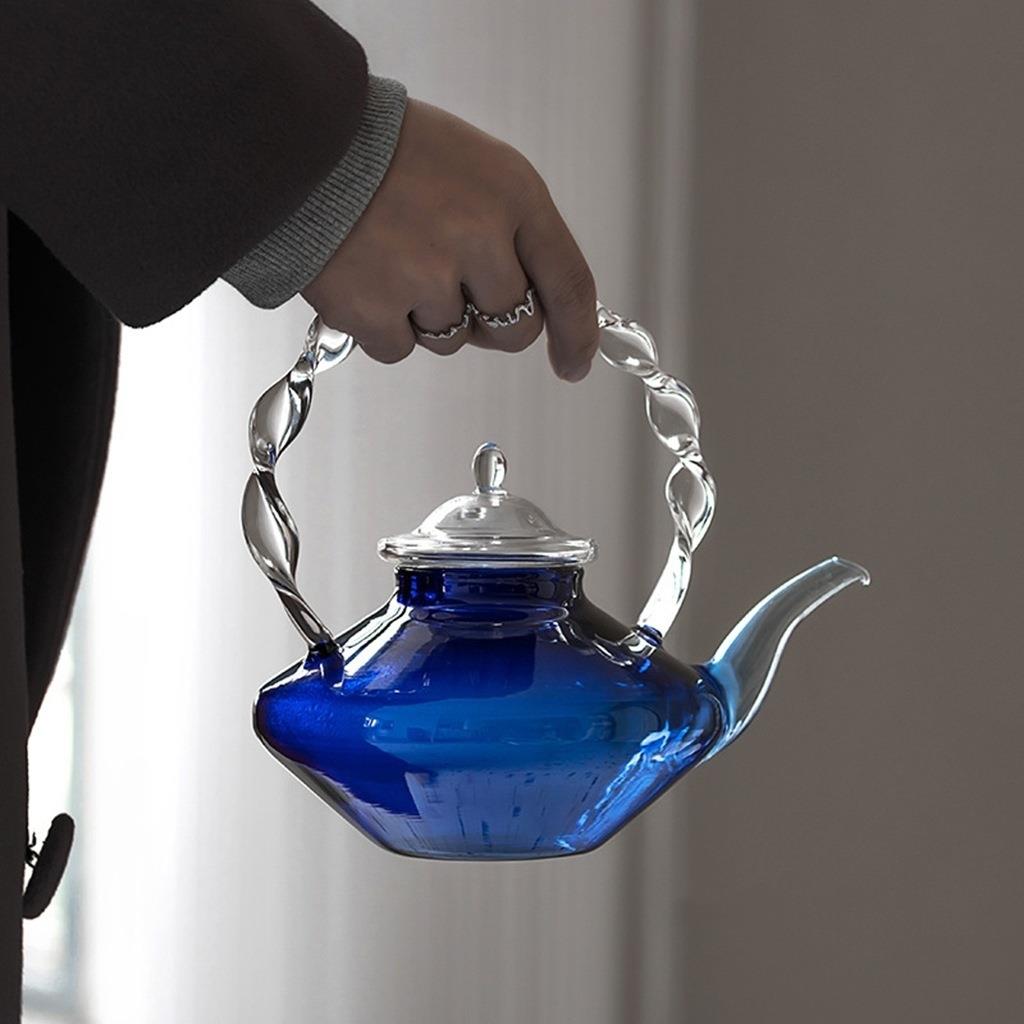 宝蓝色玻璃煮茶壶烧水壶电陶炉加热高硅玻璃壶钮纹提梁把手壶