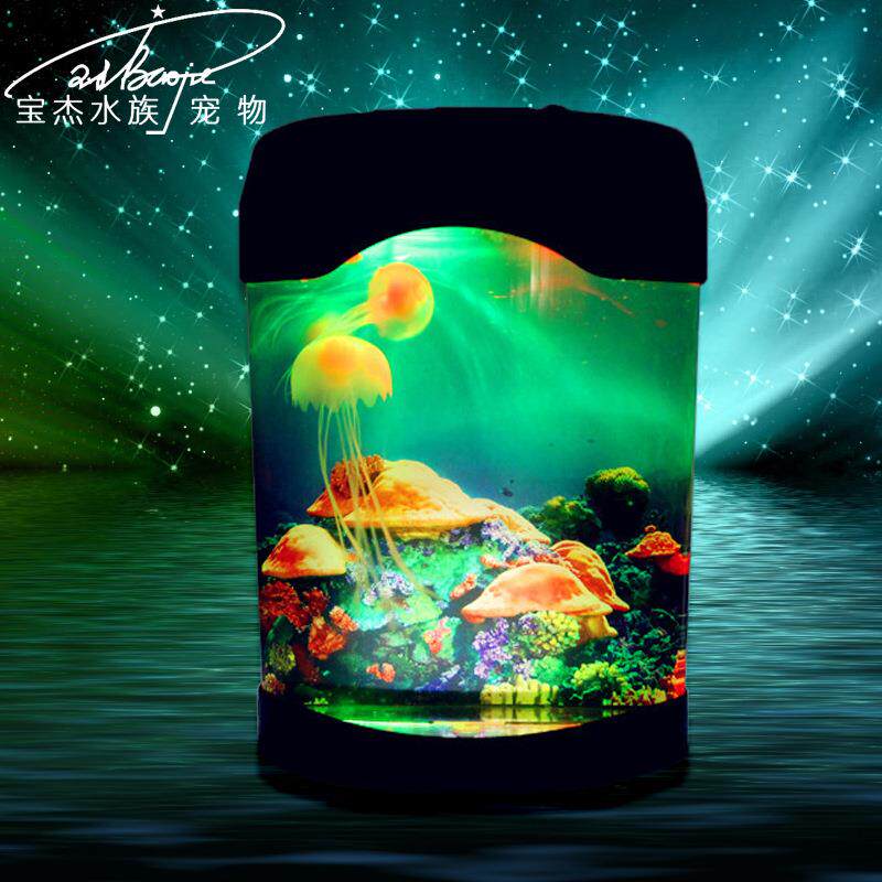 新款直销创意水族led变色水母造景观赏鱼缸亚克力迷你桌面水族箱