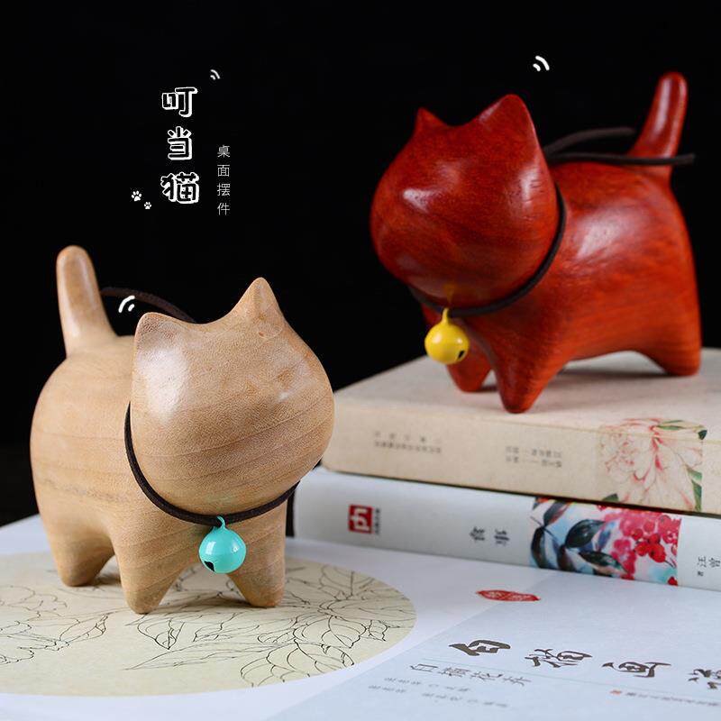 香樟木叮当猫 大号桌面摆件 呆萌可爱猫咪 紫檀木雕刻工艺装饰品