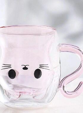 Cute Pink Cat Double Walled Insulated Glass Mug With Cat