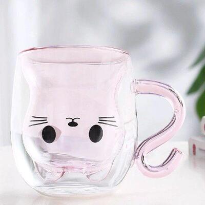 Cute Pink Cat Double Walled Insulated Glass Mug With Cat