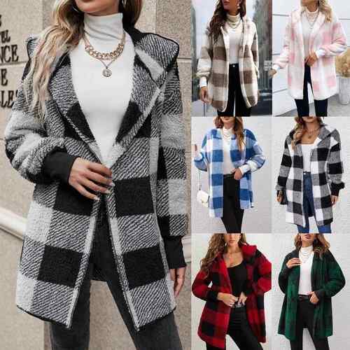 Women's hooded checkered warm top, mid to long plush