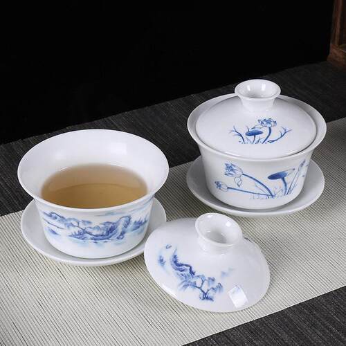 功夫泡茶盖碗个盖碗茶杯大小号羊脂玉青花瓷简易公茶器三才碗