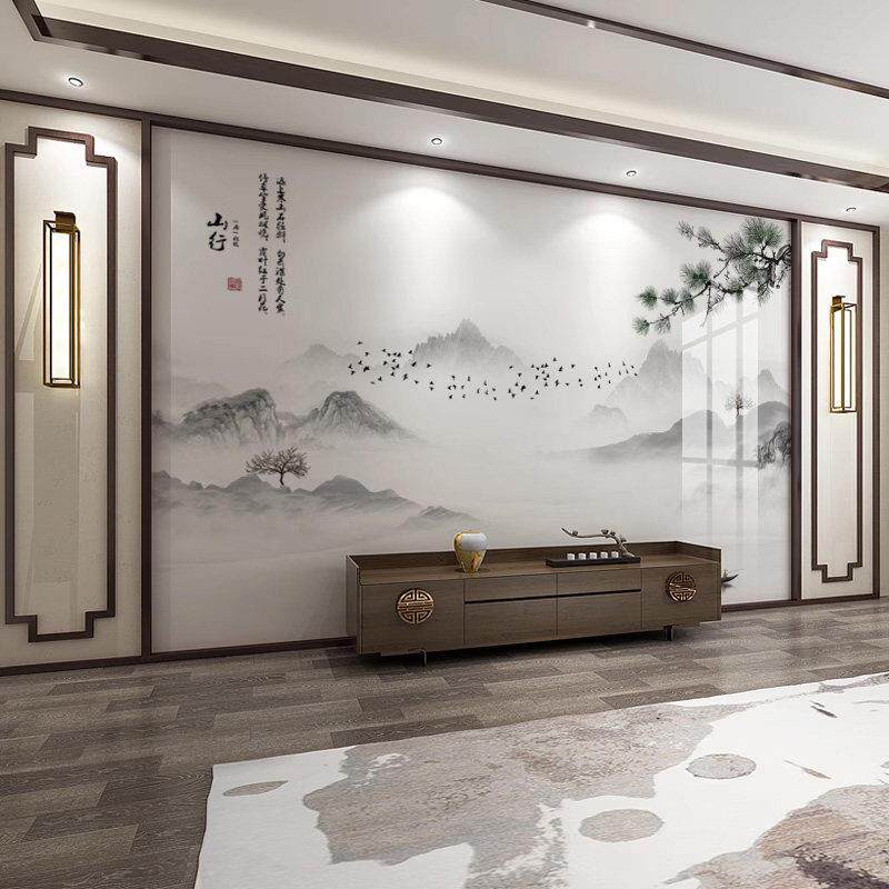 电视背景墙碳晶岩板水墨山水画 画集成墙板客厅沙发卧室竹木纤维