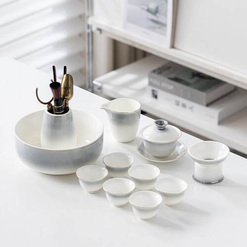 陶瓷盖碗羊脂玉白瓷小茶杯茶具套组家用功夫描金泡茶器茶壶一整套