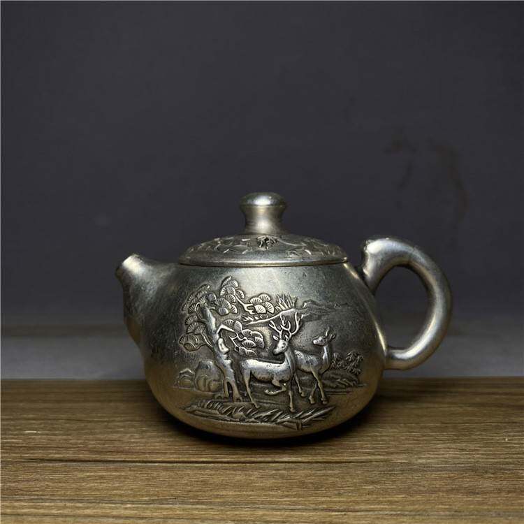 古玩老物件老银小鹿高提梁银茶壶精工打造银壶足银壶古董收藏摆件