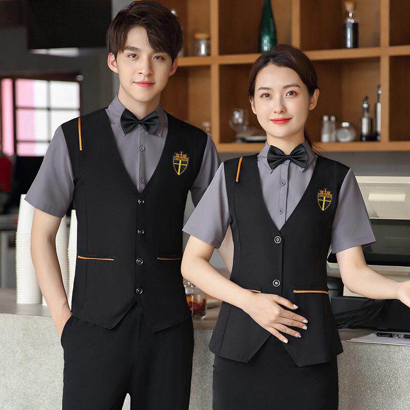短袖酒店服务员工作服职业马甲衬衫假两件饭店西餐厅酒吧工装套装