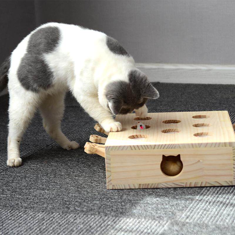 跨境热木质猫猫玩销具互逗动打地鼠猫掏老鼠WXV猫玩具松木材质耐