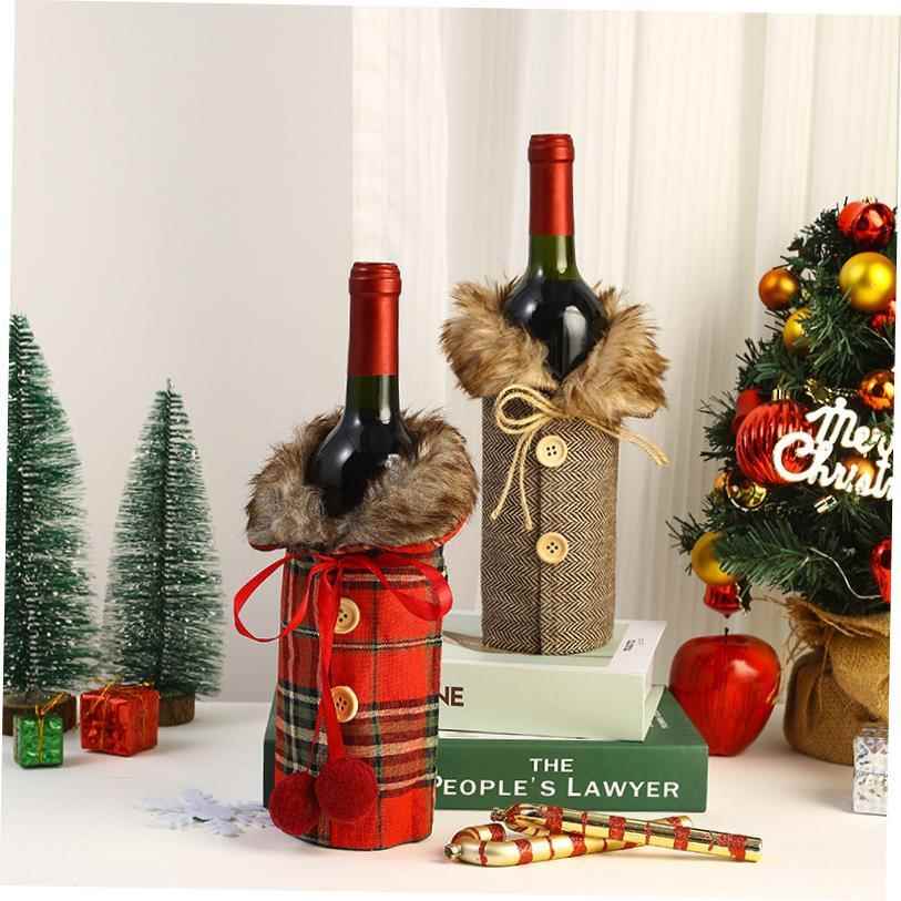 Red wine bottle cover with linen collar christmas decoration