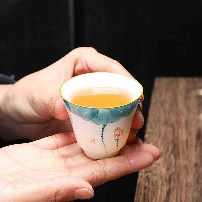 手绘荷韵茶具套装泡茶陶简瓷家用茶艺工具盖碗套茶壶高档58977约