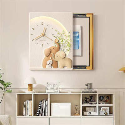 大象电表箱装饰画带钟表配电箱竖款遮挡时钟挂画电闸箱弱电箱壁画