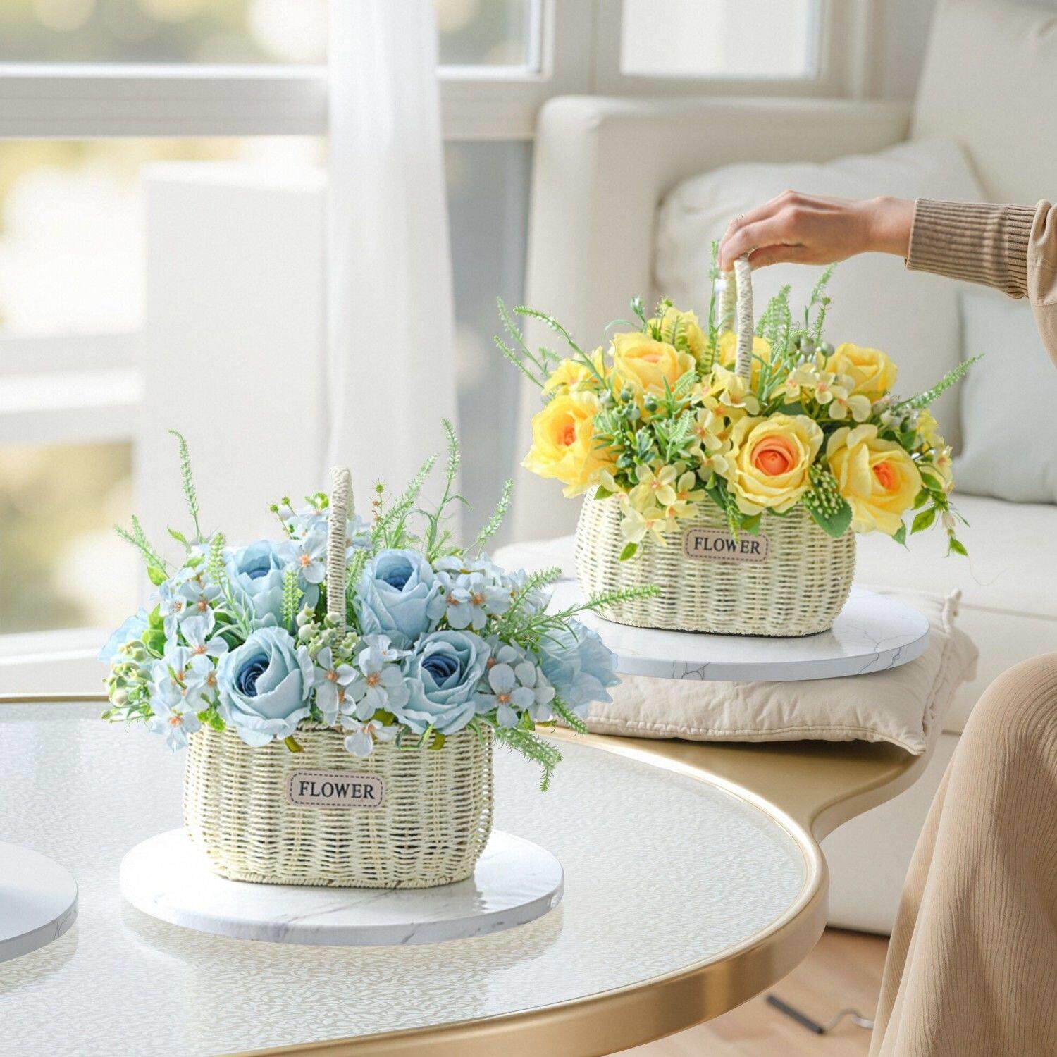 彷真花花篮花篮玫瑰花假花客厅花艺摆件餐桌花摆花绿植插花装饰花