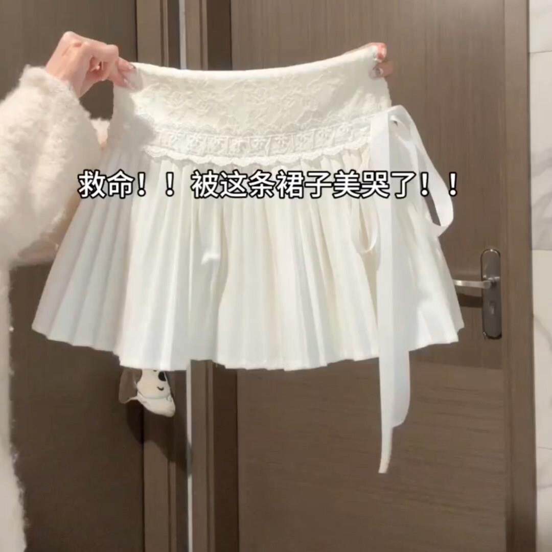 白色蝴蝶结系带纯欲初恋少女蛋糕裙夏季2025新款甜美蕾丝拼接短裙