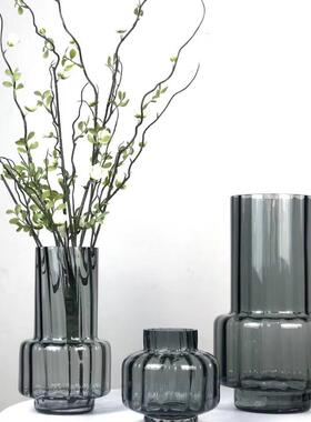 现代简约百搭灰色竖条纹玻璃花瓶软装饰品插花摆件工艺品厂家