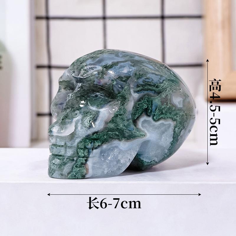 天然水晶水草玛瑙骷髅头雕刻件原石打磨万圣节鬼头工艺品装饰摆件