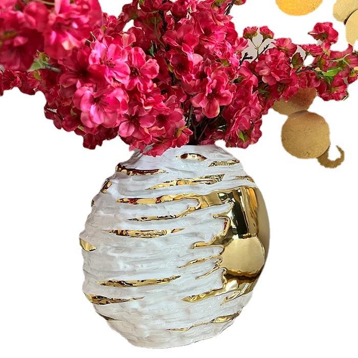 高档欧式电镀金色奢华陶瓷花瓶花篮工艺品婚庆家居玄关摆件礼品