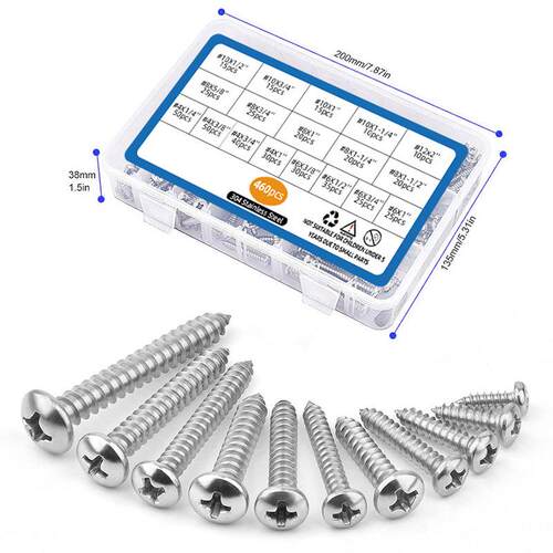 460pcs厂家直销跨境盒装螺丝304不锈钢十字圆头自攻螺丝套装