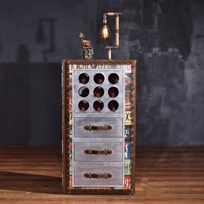 美式村复古酒工7652柜loft业风铝书皮做乡旧红酒架三抽创意模型储