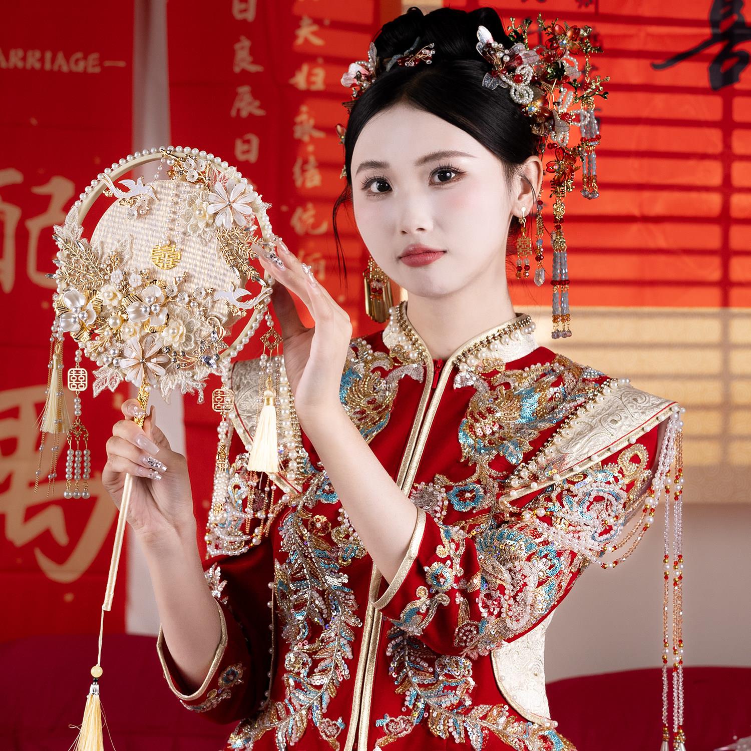 新娘团扇手工diy材料包中式婚礼秀禾搭配喜扇婚嫁出嫁用品手捧扇