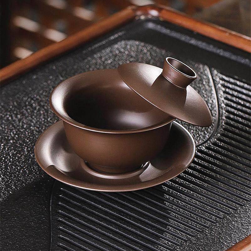 原矿宜兴紫砂悬停三才盖碗单个带盖泡茶杯大号陶瓷茶具套装老紫泥