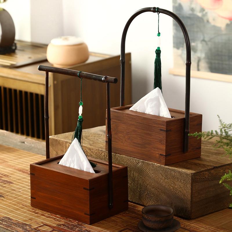 竹制手提纸巾盒茶餐厅收纳盒中式竹长方形可拎简约家用手提纸抽盒