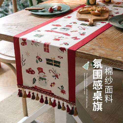 跨境美式复古桌旗圣诞绿节日氛围感桌垫斗柜装饰防尘盖布