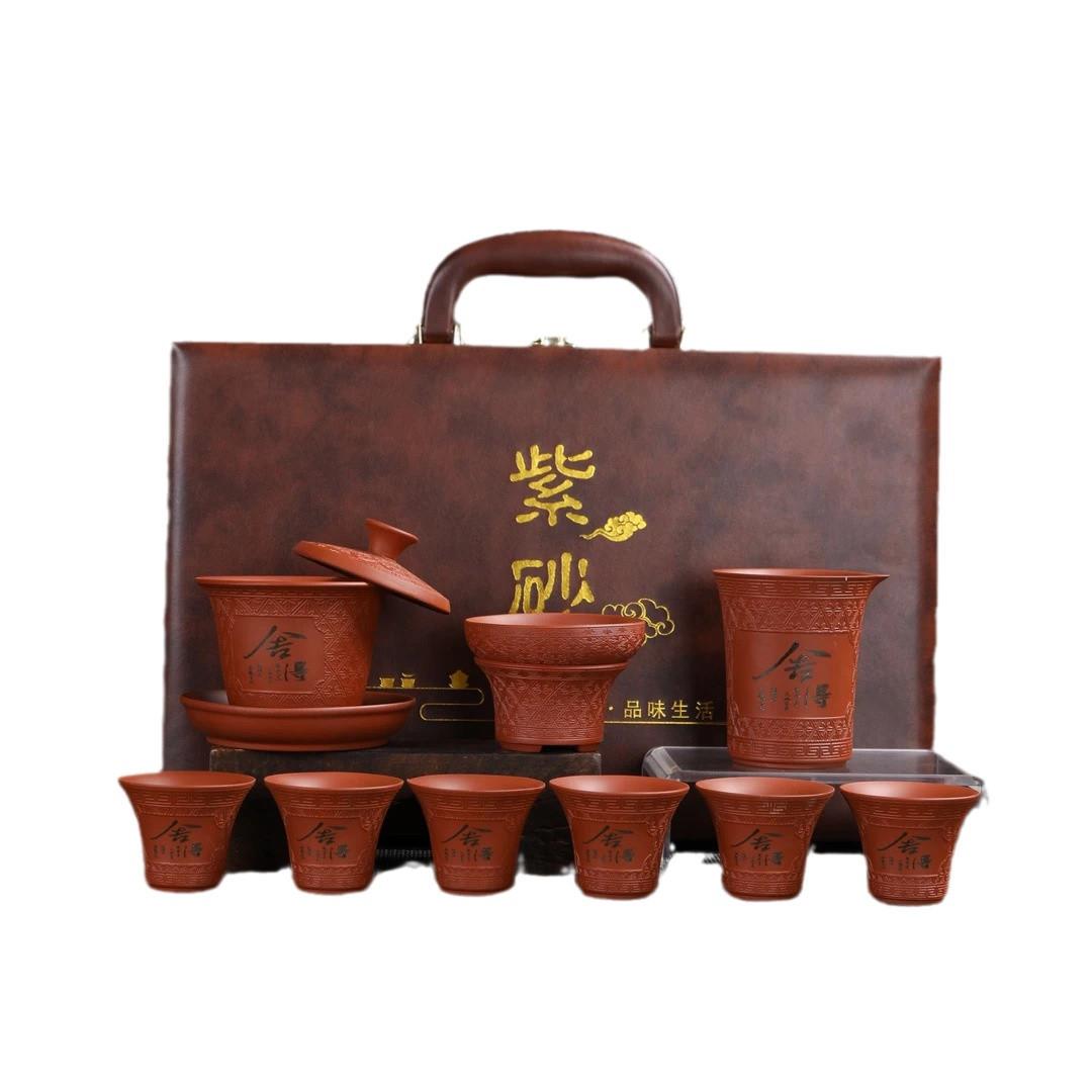 郑振国原矿朱泥紫砂茶碗悬停三才盖碗家用精美功夫茶具泡茶器套装