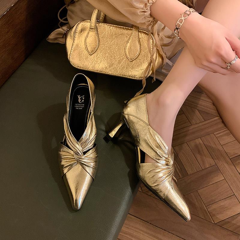 巴黎旧梦~ 法式小众扭结褶皱镂空尖头高跟鞋女气质金色单鞋凉鞋夏