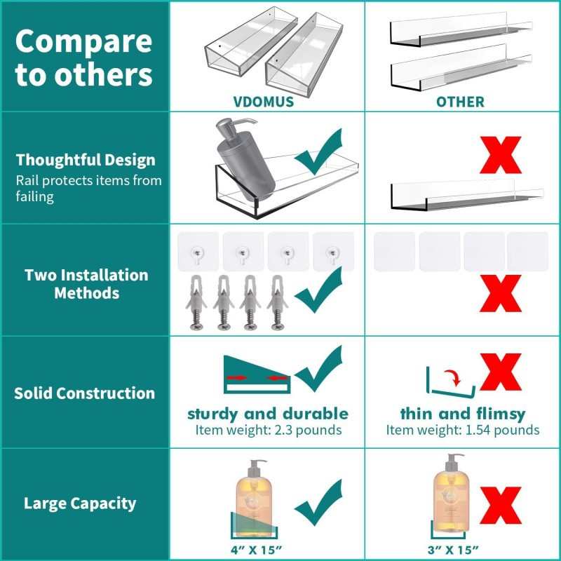 亚克力浴室搁板壁挂式置物架 透明储物2 件装展示架亚克力浴室壁