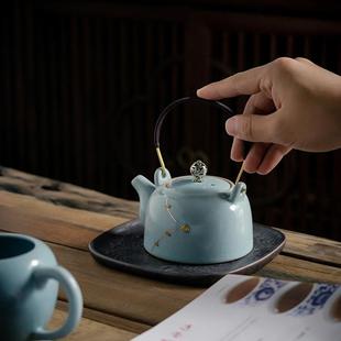手工锯钉汝窑提梁茶壶｜泥视界李辉熠复古汝瓷中式 陶瓷盖碗西施壶