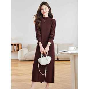 100纯羊毛衫半高领毛衣女秋冬超长款过膝毛衣裙打底衫宽松大码女