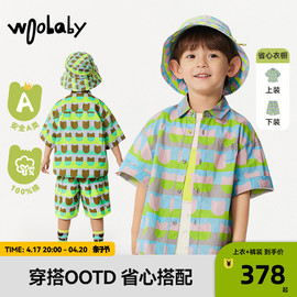 woobaby儿童短袖衬衫男童女童24夏小童(夏小童)宝宝纯棉外套短裤套装