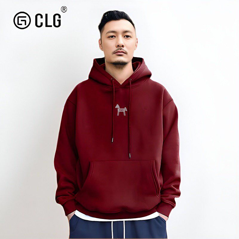香港CLG潮牌余文乐连帽卫衣秋冬马年新款重磅纯棉酒红色百搭外套