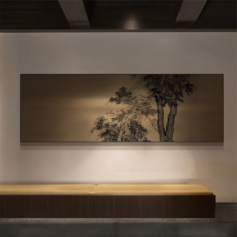 鎏金彩雕 新中式禅意茶室背景墙挂画民宿酒店高端巨幅迎客松壁画