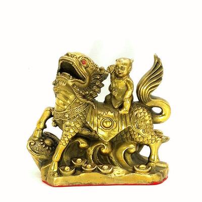 包邮黄铜麒麟送子铜麒麟坐男孩女孩求子送子招财金童玉女风水摆饰