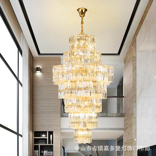复式楼客厅水晶大吊灯后现代轻奢灯别墅楼中楼旋转楼梯酒店长吊灯