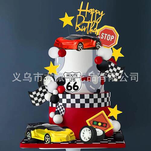 30件赛车蛋糕装饰车模型旗帜生日快乐亚克力插牌赛车主题蛋糕装饰