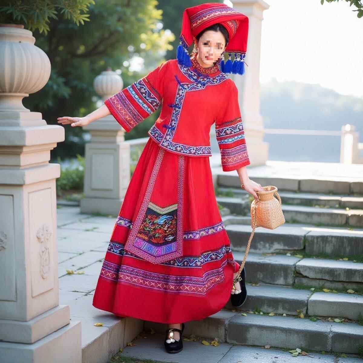 正品月三出民族装成人广三西壮族服饰女盛服装壮锦刺绣演长裙夏季