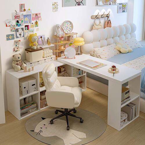 转角书桌卧室女生梳妆台斗柜一体桌L型拐角办公桌小户型奶油桌子