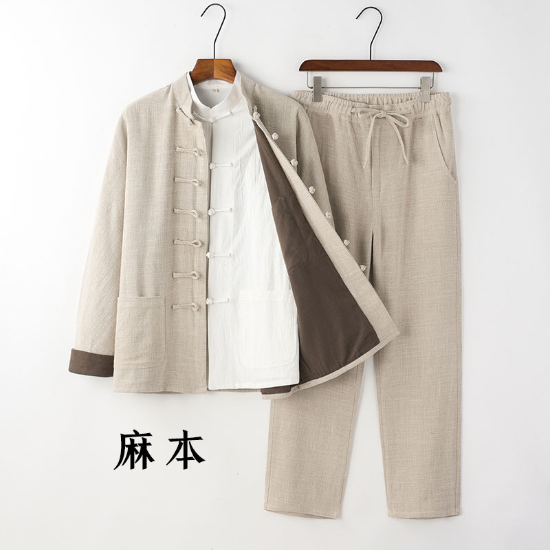 连肩袖亚麻唐装男2026秋冬复古外套新中式三件套男装休闲禅服套装