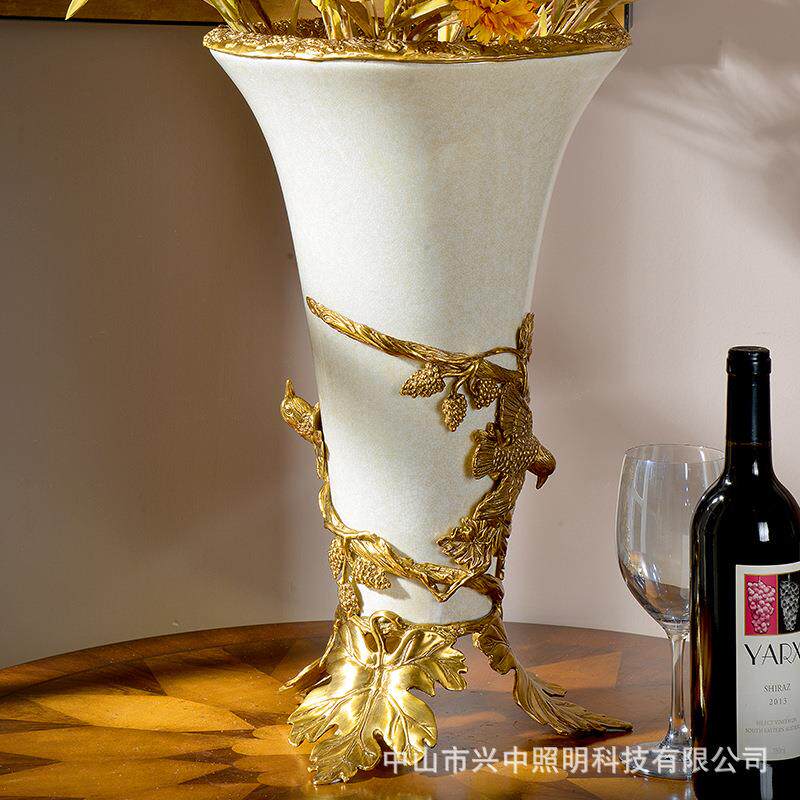 法式大气奢华软装家居欧式花插花瓶美式摆件铜包瓷花器装饰品摆设