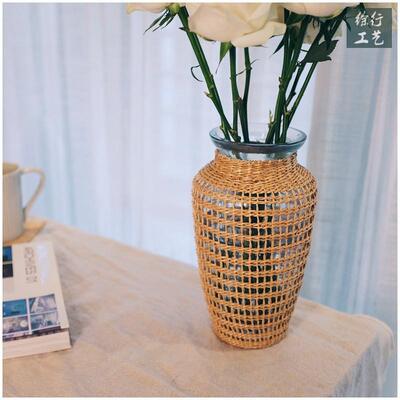 徐行工艺覆古草编花瓶玫瑰玻璃桌面居家插干燥花篮现代客厅摆件花