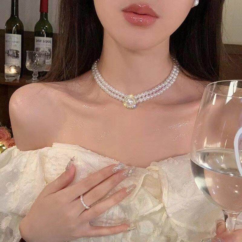 双层珍珠项链女叠戴气质轻奢小众高级感吊坠颈链锁骨链晚礼服配饰
