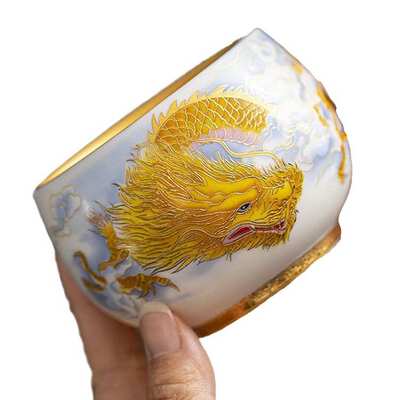茶具礼品龙腾盛世主人大茶杯周鸿杰大师手工鎏金建盏茶具送长辈